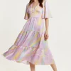 Women's Midi Dress in Lilac with Kimono Sleeves and Abstract Zebra Print, Stylish Fashion by Liquorish