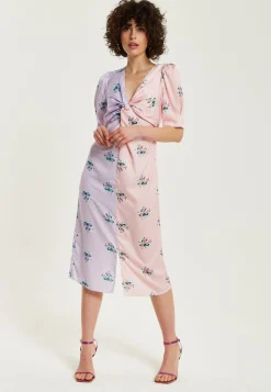 Women's Midi Dress in Lilac and Pink Floral with Short Sleeves and Knot Front - Liquorish