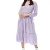 Women's Midi Dress in Lilac and White Gingham with Long Sleeves - Perfect for City Outings, Family Lunch, and the Pub - Liquorish