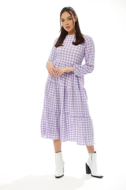 Women's Midi Dress in Lilac and White Gingham with Long Sleeves - Perfect for City Outings, Family Lunch, and the Pub - Liquorish
