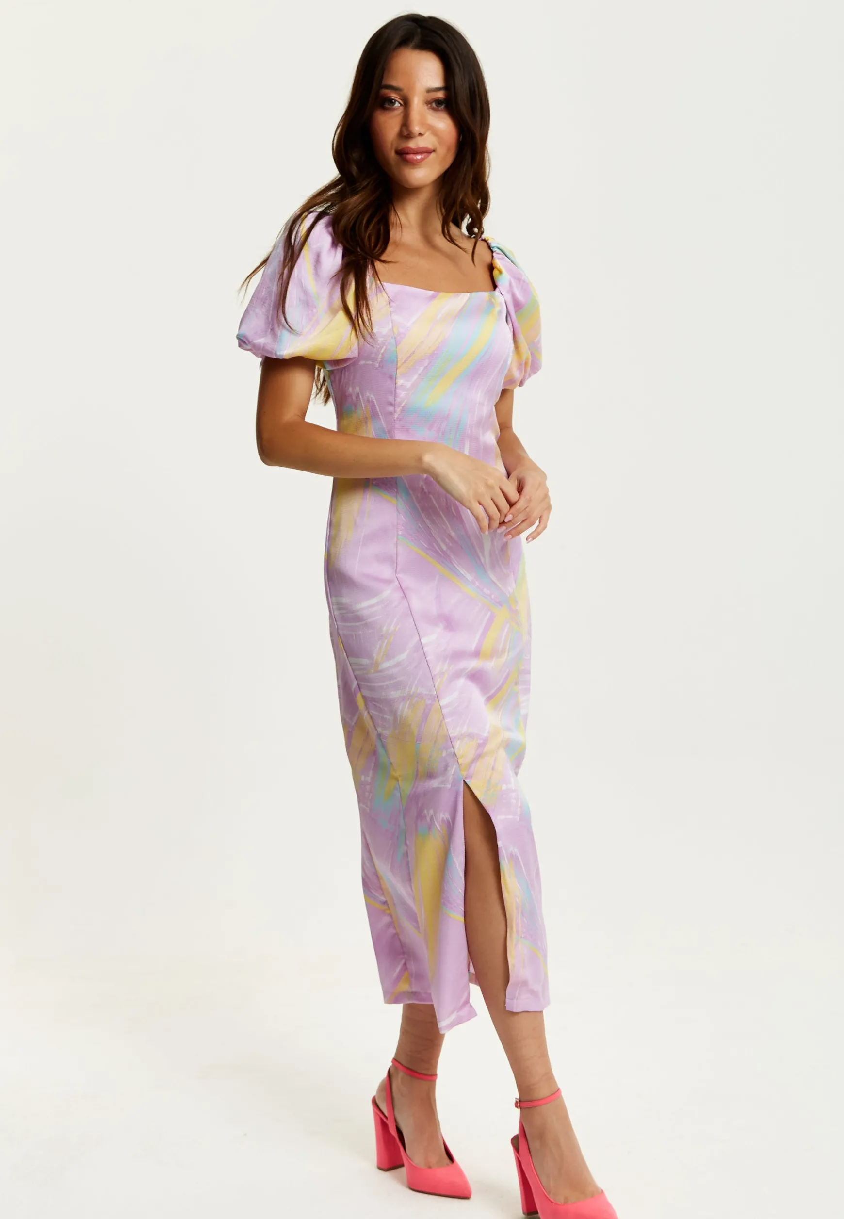 Women's Midi Dress in Lilac with Puff Sleeves and Square Neck - Liquorish