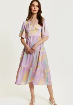 Women's Midi Dress in Lilac with Kimono Sleeves and Abstract Zebra Print, Stylish Fashion by Liquorish