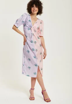 Women's Midi Dress in Lilac and Pink Floral with Short Sleeves and Knot Front - Liquorish