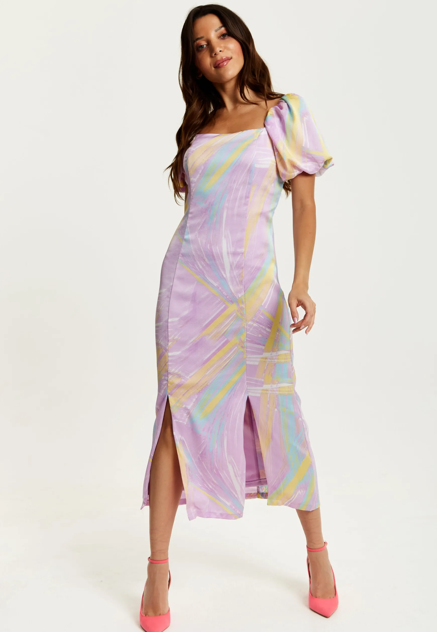 Women's Midi Dress in Lilac with Puff Sleeves and Square Neck - Liquorish