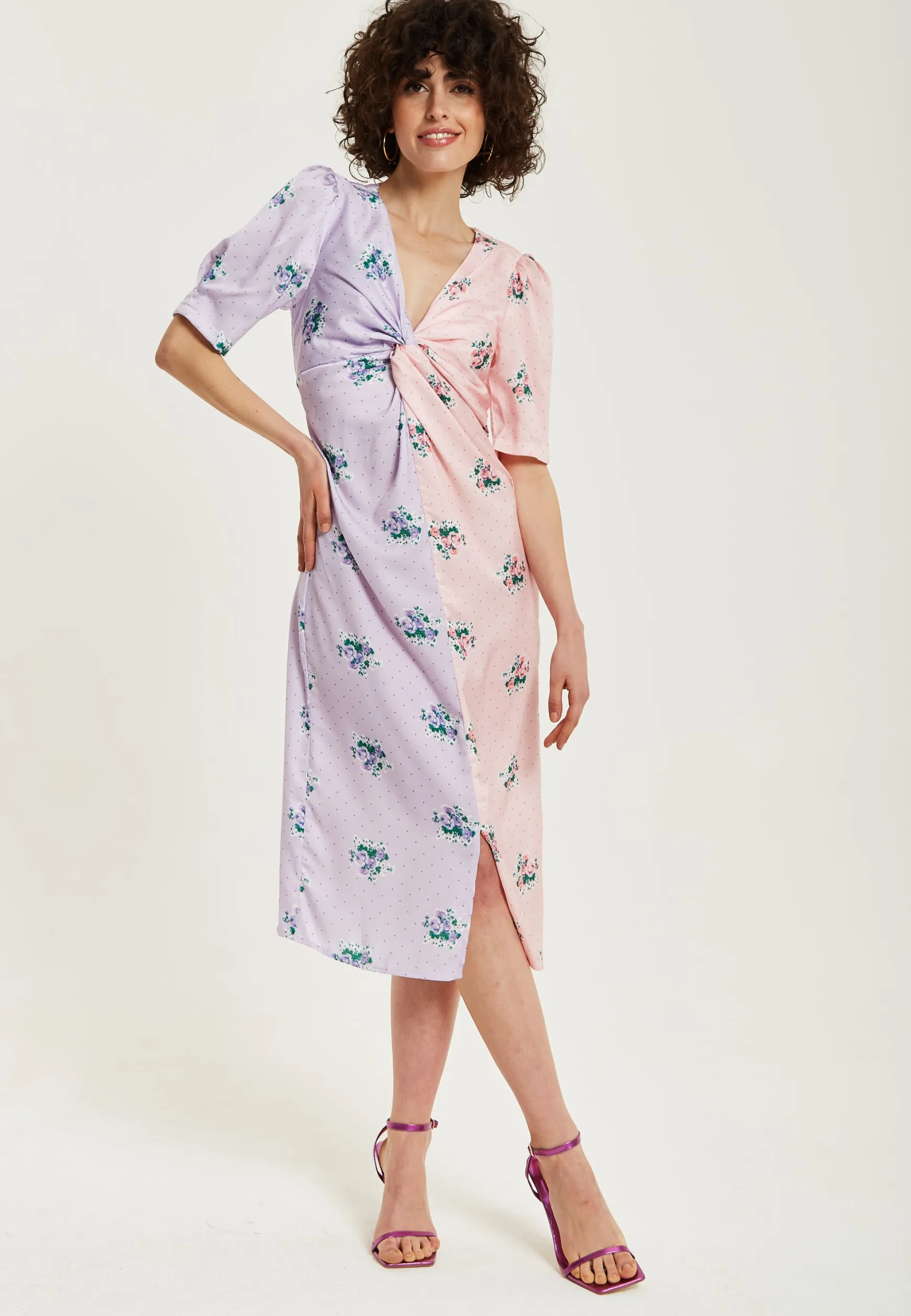 Women's Midi Dress in Lilac and Pink Floral with Short Sleeves and Knot Front - Liquorish