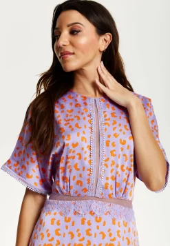 Women's Midi Dress in Lilac and Orange with Mesh Detailing, Cheetah Print, Short Sleeves - Liquorish