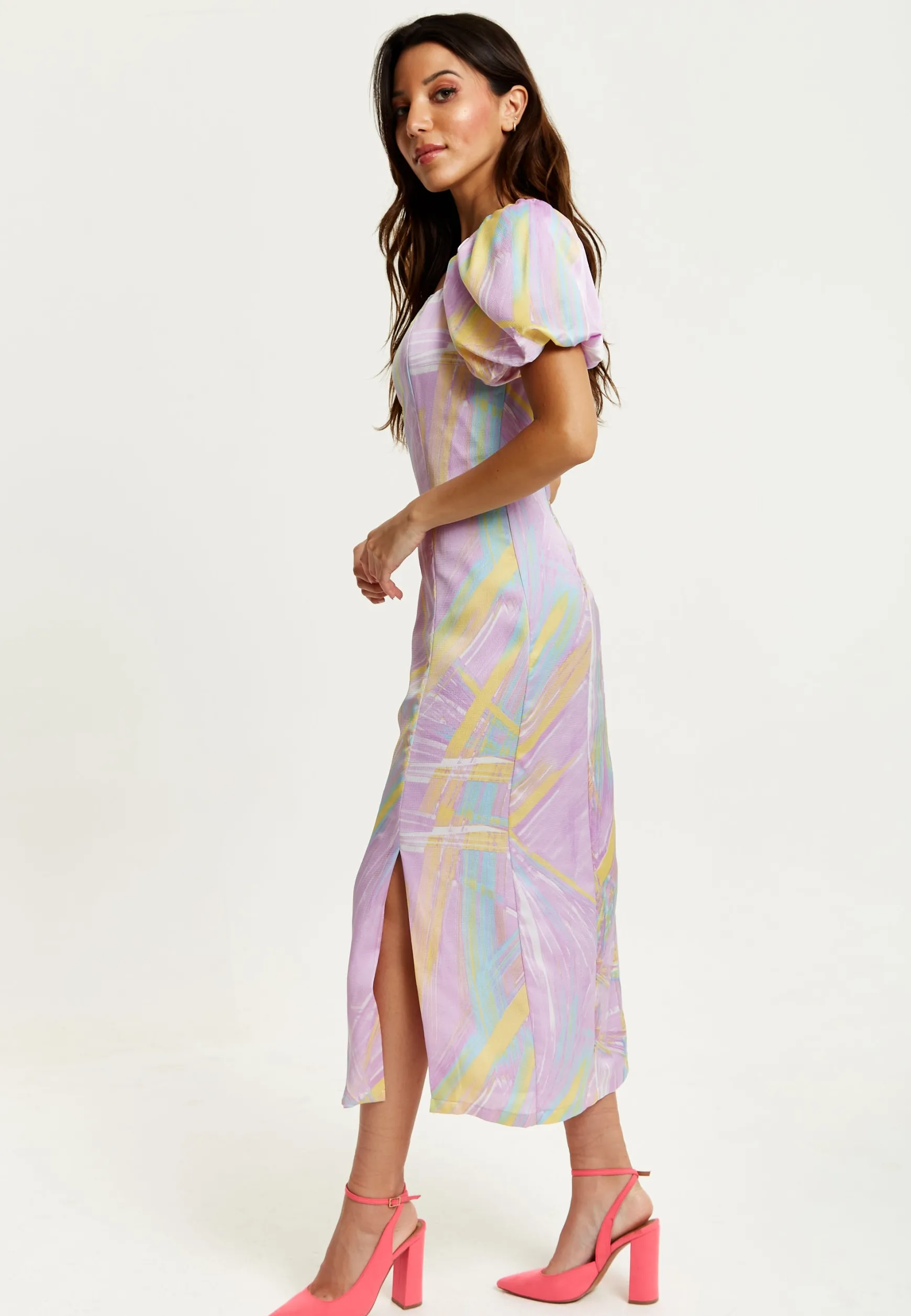 Women's Midi Dress in Lilac with Puff Sleeves and Square Neck - Liquorish