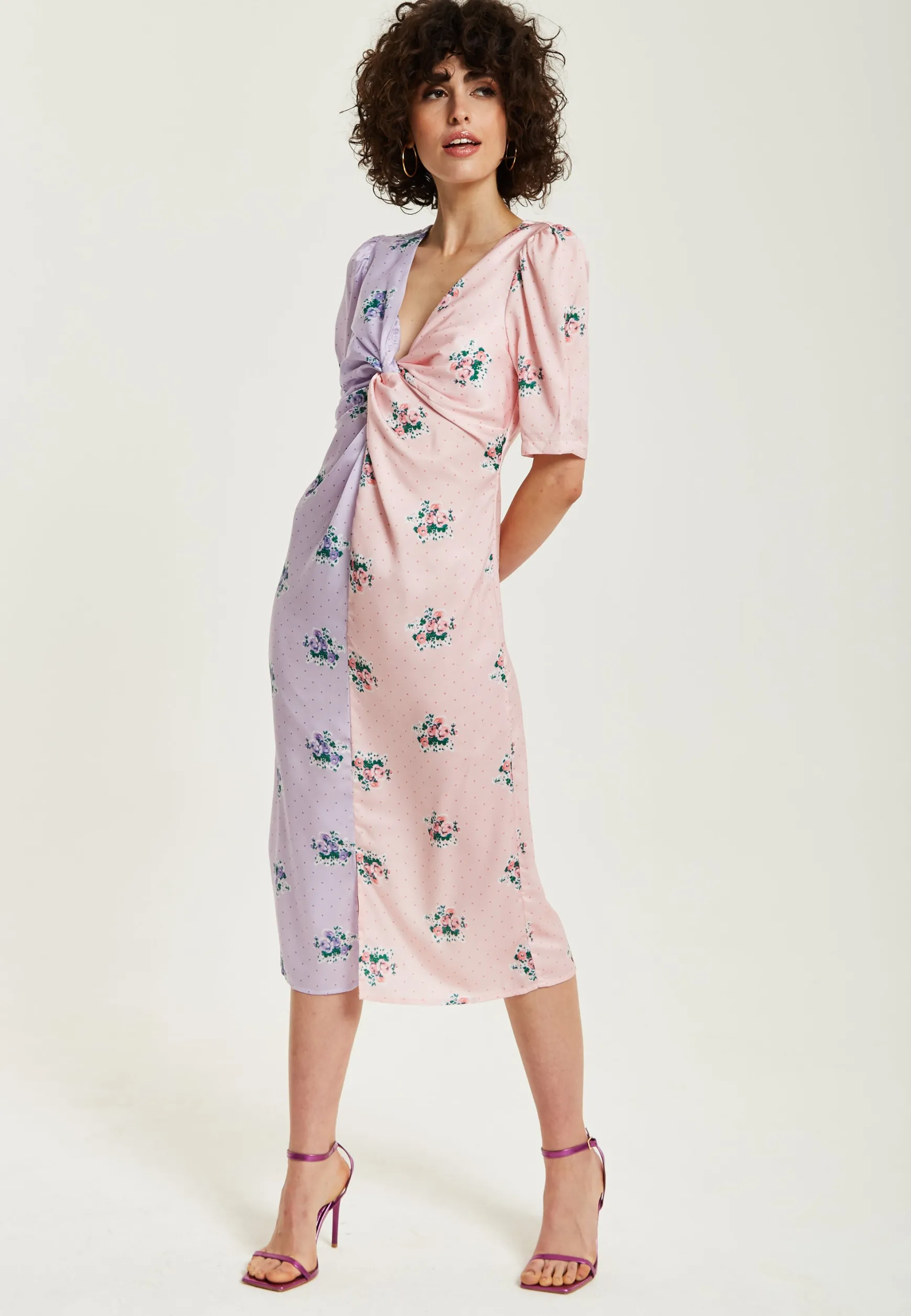 Women's Midi Dress in Lilac and Pink Floral with Short Sleeves and Knot Front - Liquorish
