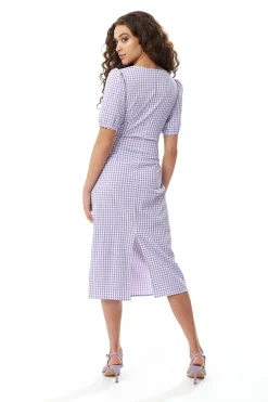 Women's Midi Dress in Lilac and White with Short Sleeves and Cut Out Front - Liquorish