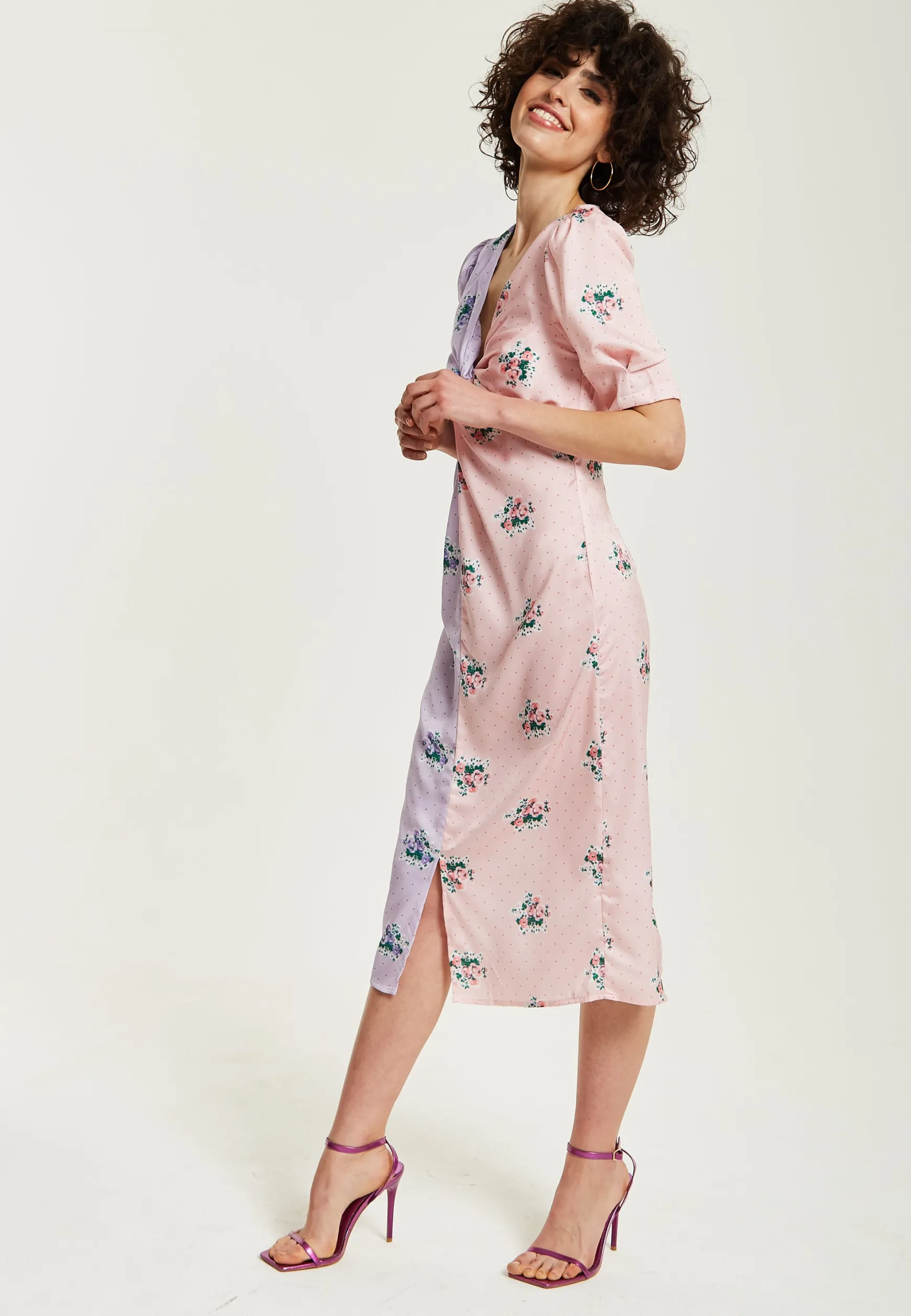 Women's Midi Dress in Lilac and Pink Floral with Short Sleeves and Knot Front - Liquorish