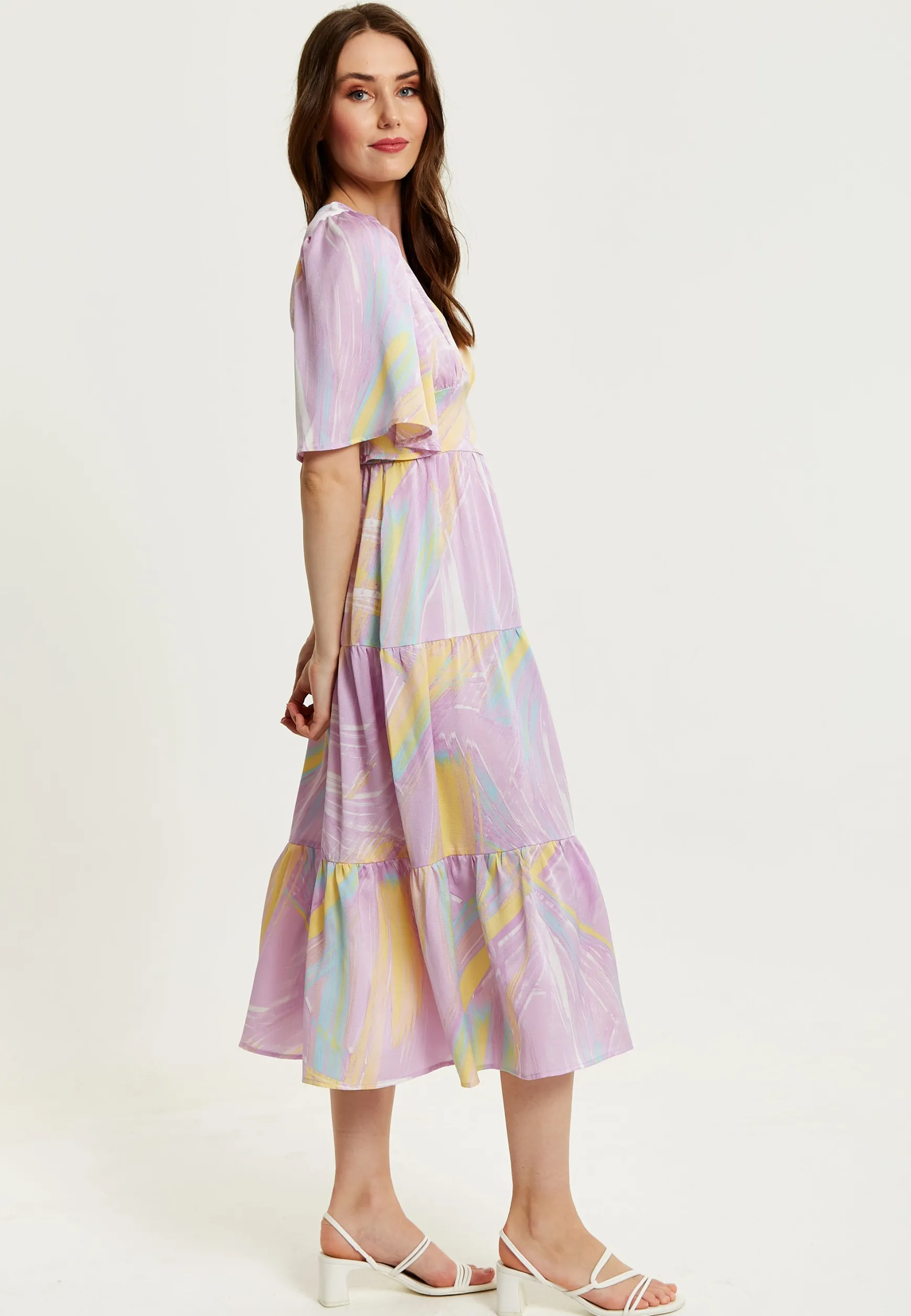 Women's Midi Dress in Lilac with Kimono Sleeves and Abstract Zebra Print, Stylish Fashion by Liquorish