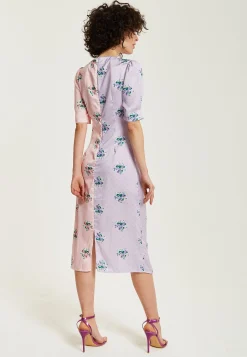 Women's Midi Dress in Lilac and Pink Floral with Short Sleeves and Knot Front - Liquorish