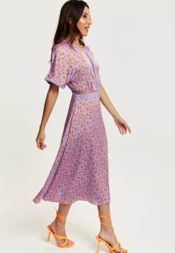 Women's Midi Dress in Lilac and Orange with Mesh Detailing, Cheetah Print, Short Sleeves - Liquorish