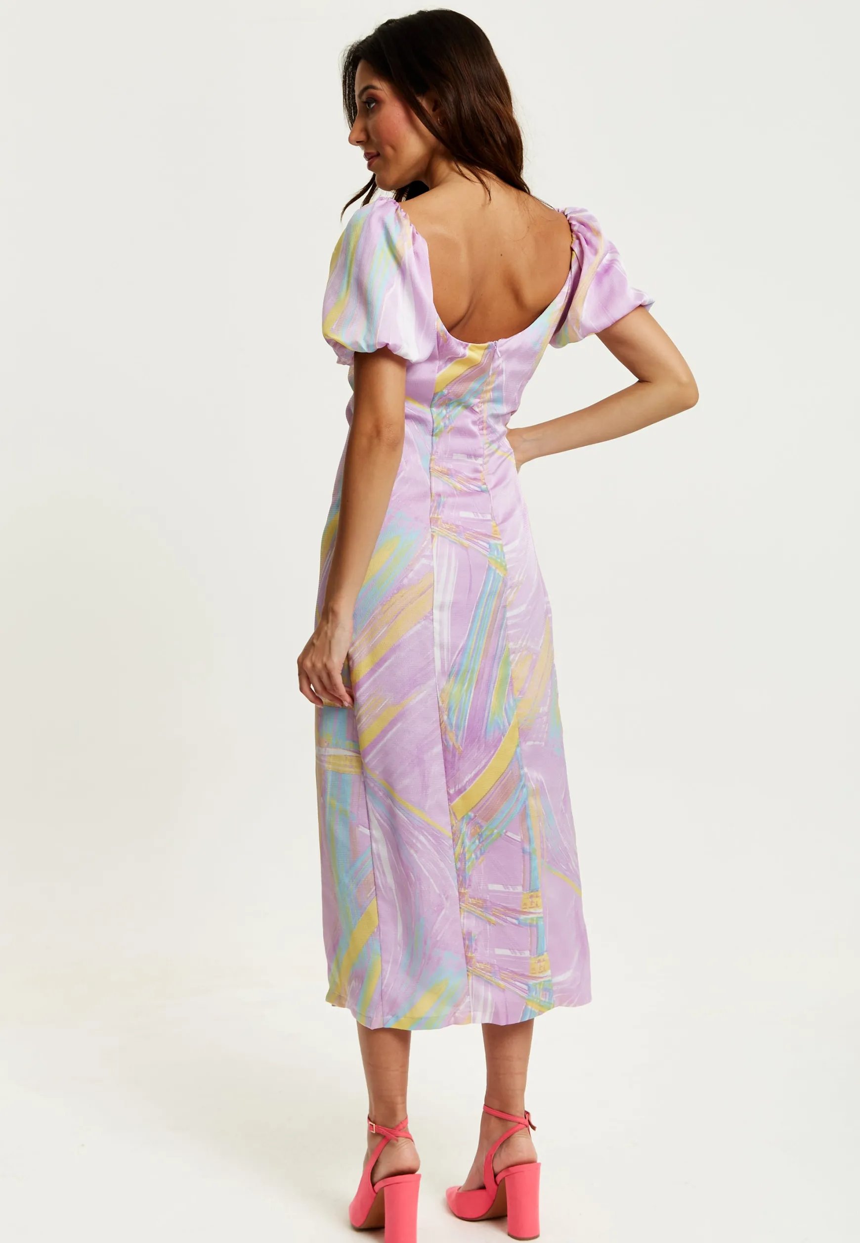 Women's Midi Dress in Lilac with Puff Sleeves and Square Neck - Liquorish