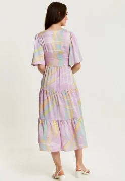 Women's Midi Dress in Lilac with Kimono Sleeves and Abstract Zebra Print, Stylish Fashion by Liquorish