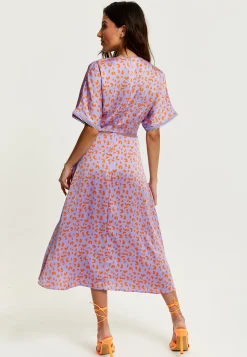 Women's Midi Dress in Lilac and Orange with Mesh Detailing, Cheetah Print, Short Sleeves - Liquorish
