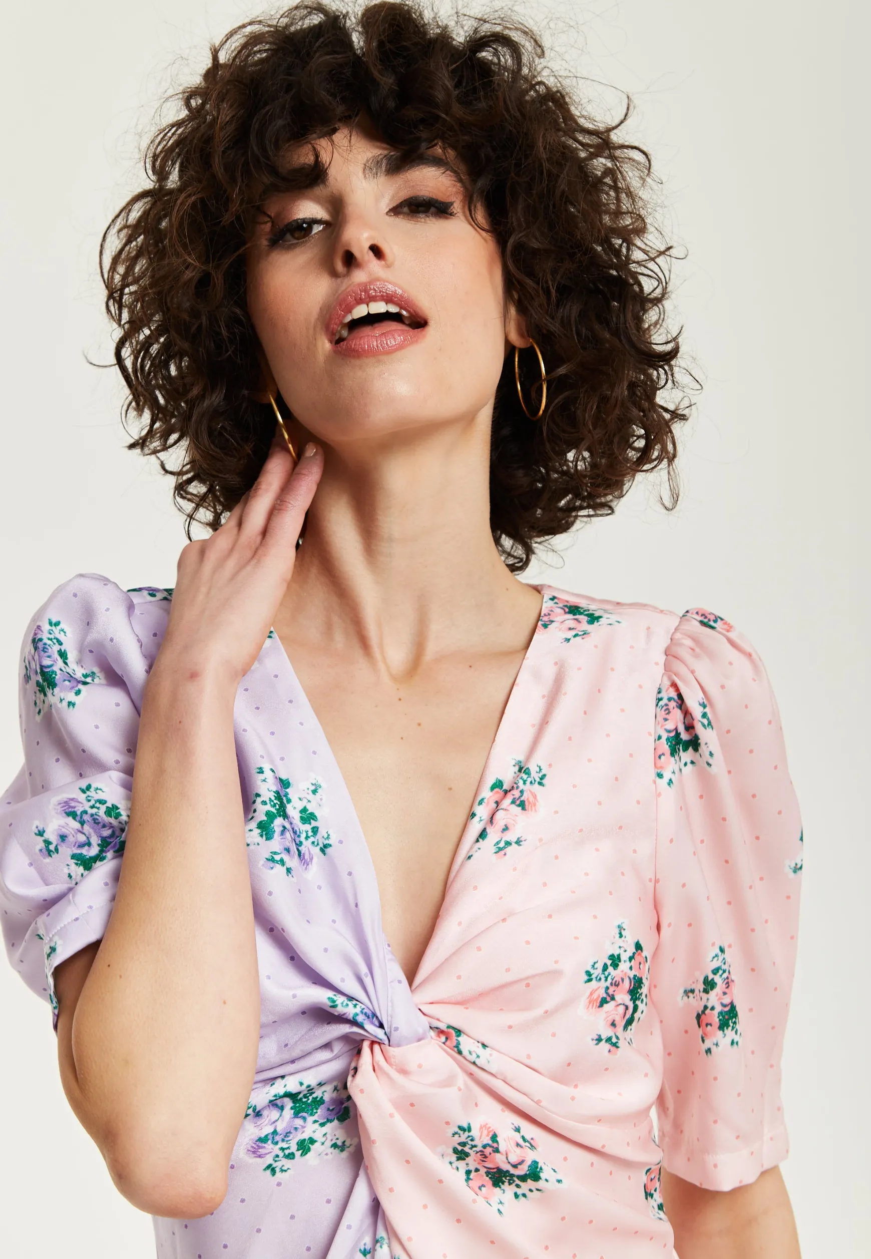 Women's Midi Dress in Lilac and Pink Floral with Short Sleeves and Knot Front - Liquorish