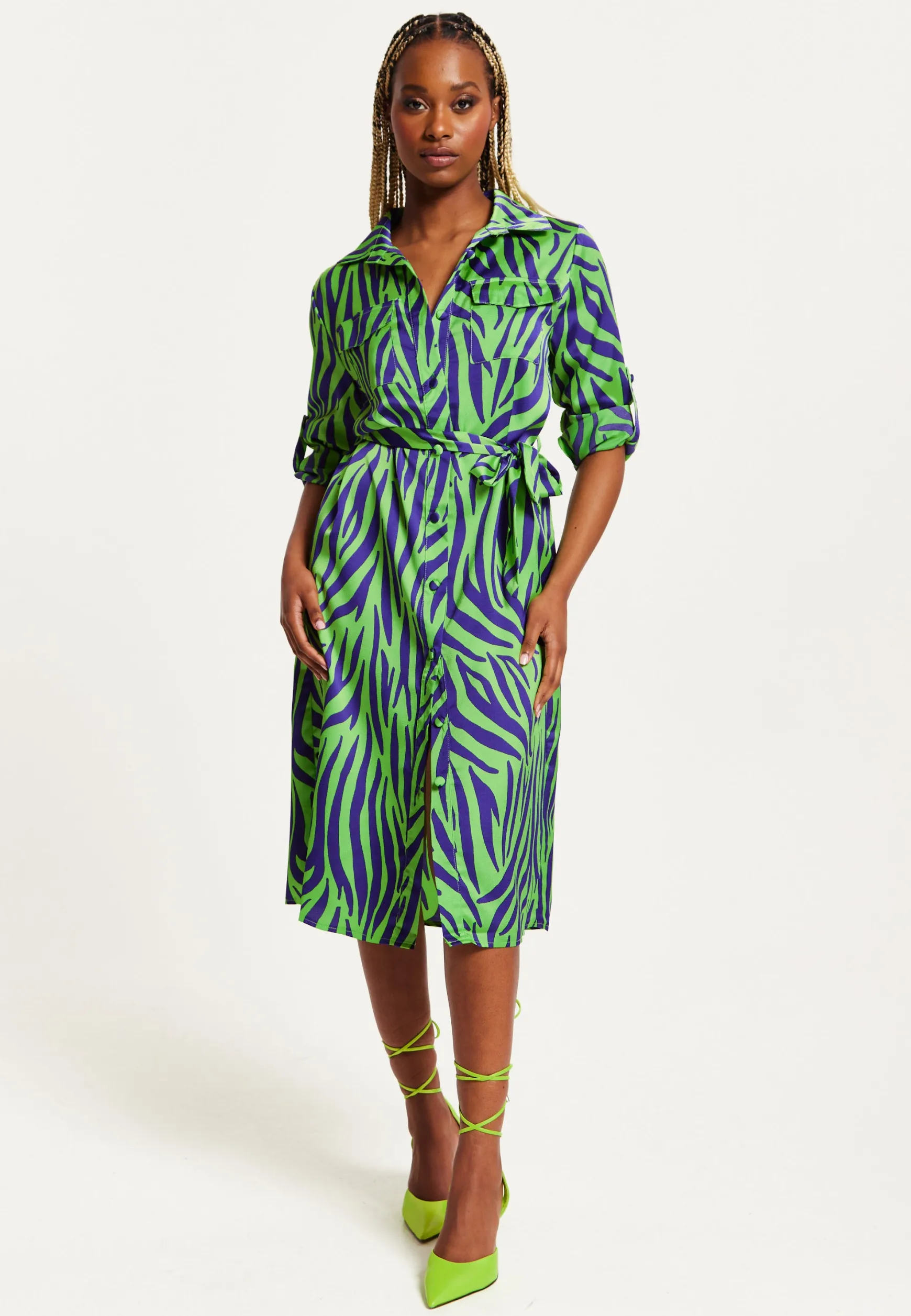 Women's Midi Dress in Mint and Blue Zebra Print with Long Sleeves - Stylish Elegance by Liquorish