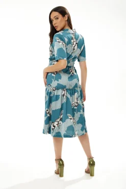 Women's Midi Dress in Mint Green Bird Print with Short Sleeves and Belted Detail by Liquorish