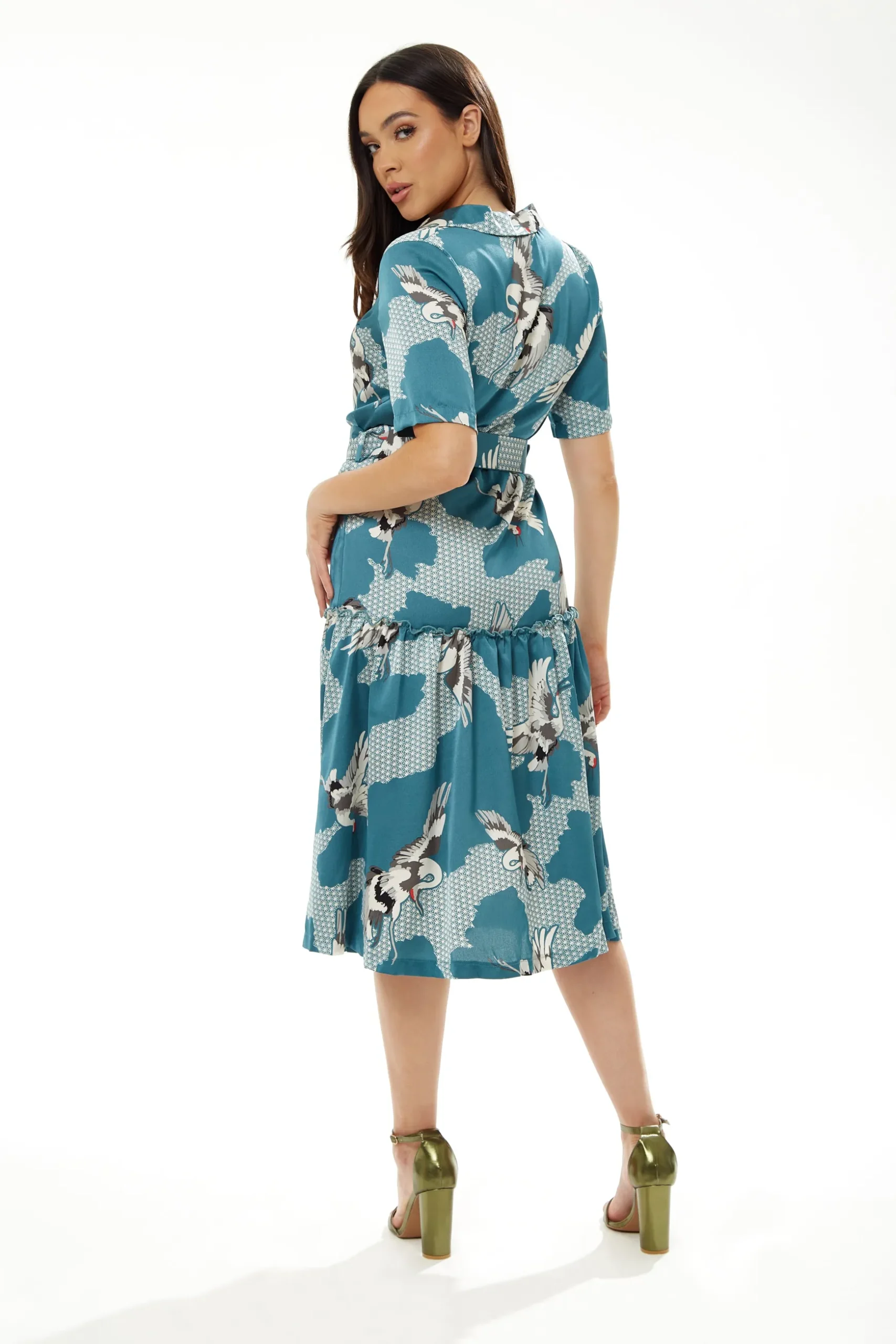 Women's Midi Dress in Mint Green Bird Print with Short Sleeves and Belted Detail by Liquorish