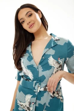Women's Midi Dress in Mint Green Bird Print with Short Sleeves and Belted Detail by Liquorish