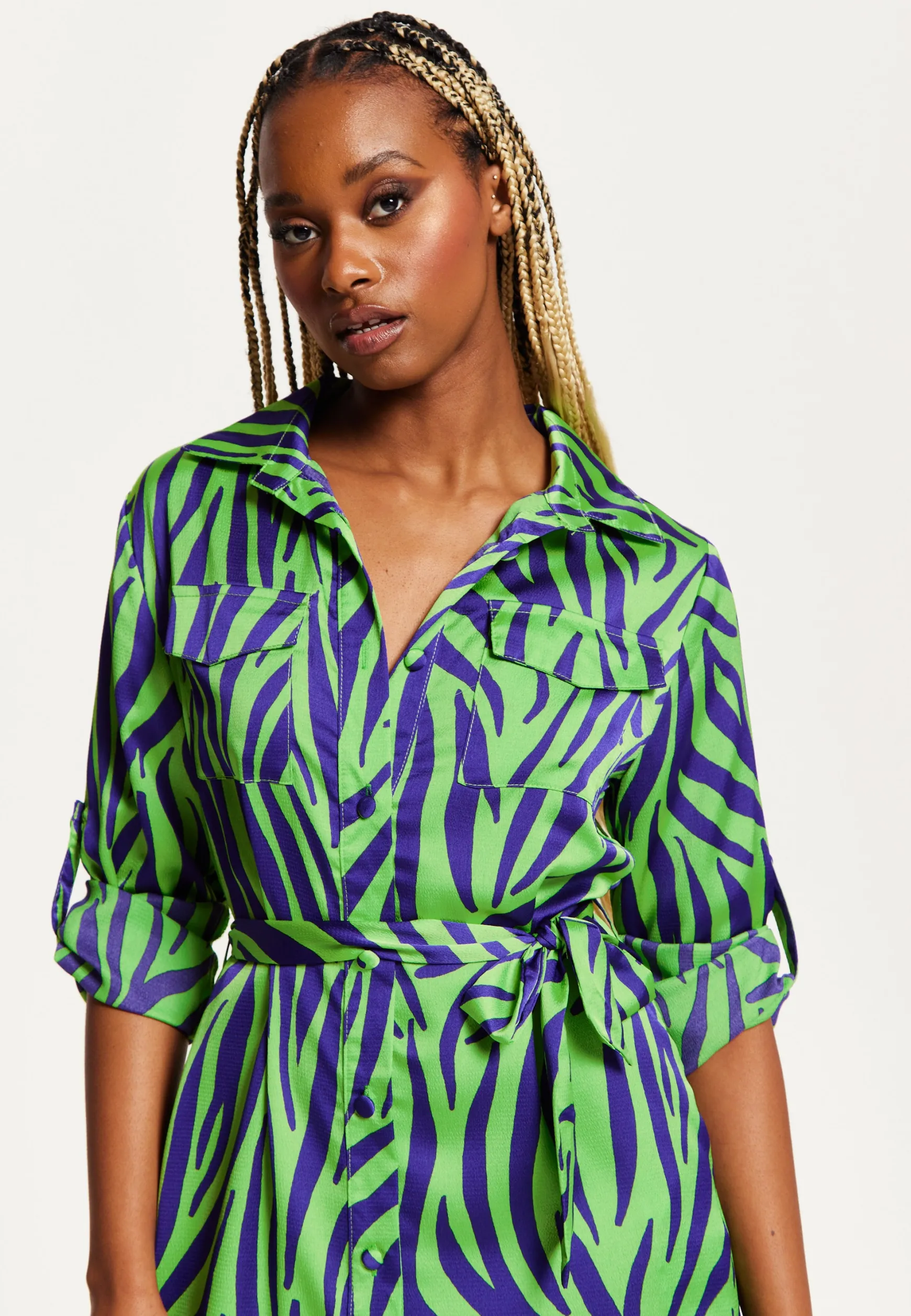Women's Midi Dress in Mint and Blue Zebra Print with Long Sleeves - Stylish Elegance by Liquorish