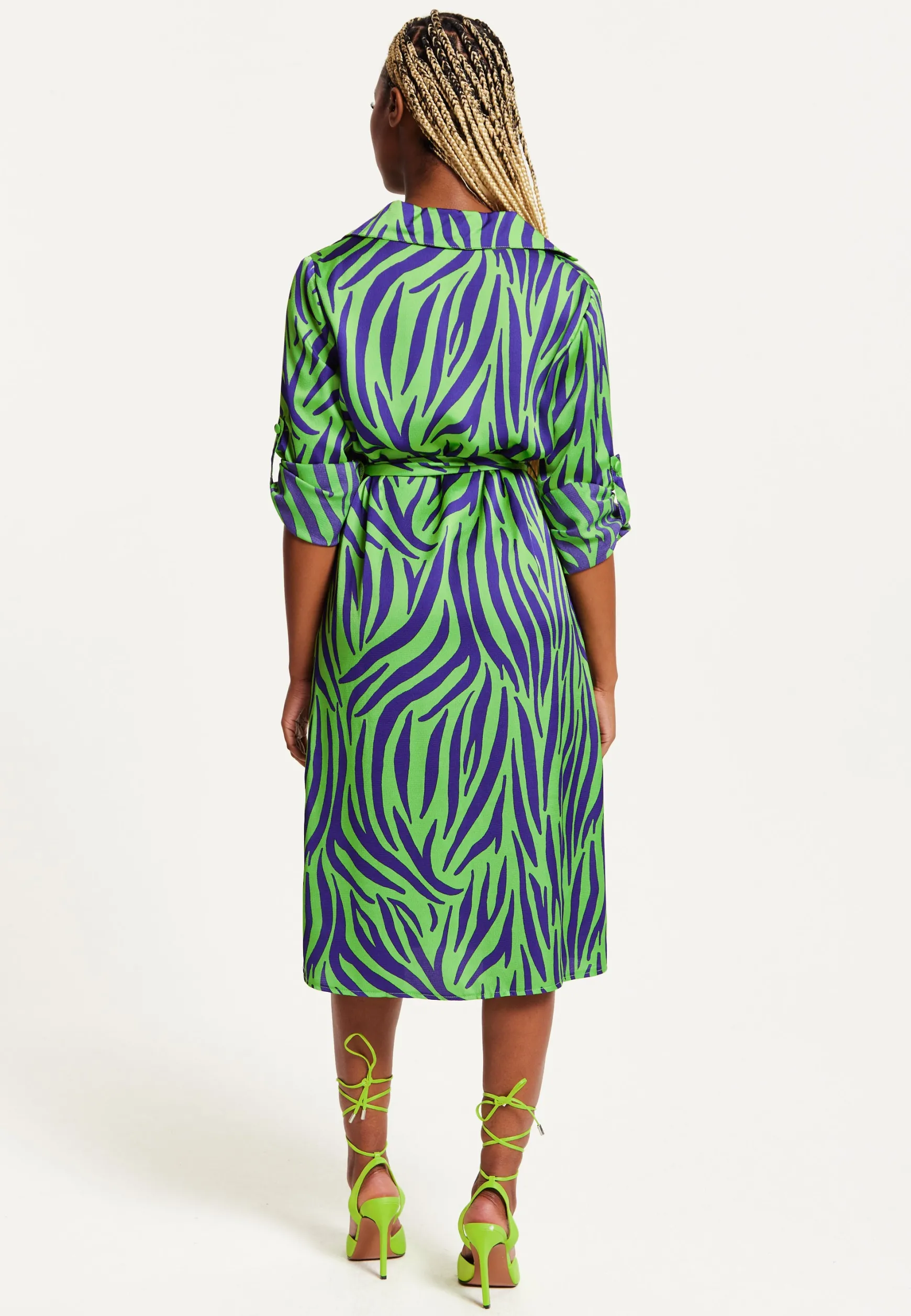 Women's Midi Dress in Mint and Blue Zebra Print with Long Sleeves - Stylish Elegance by Liquorish