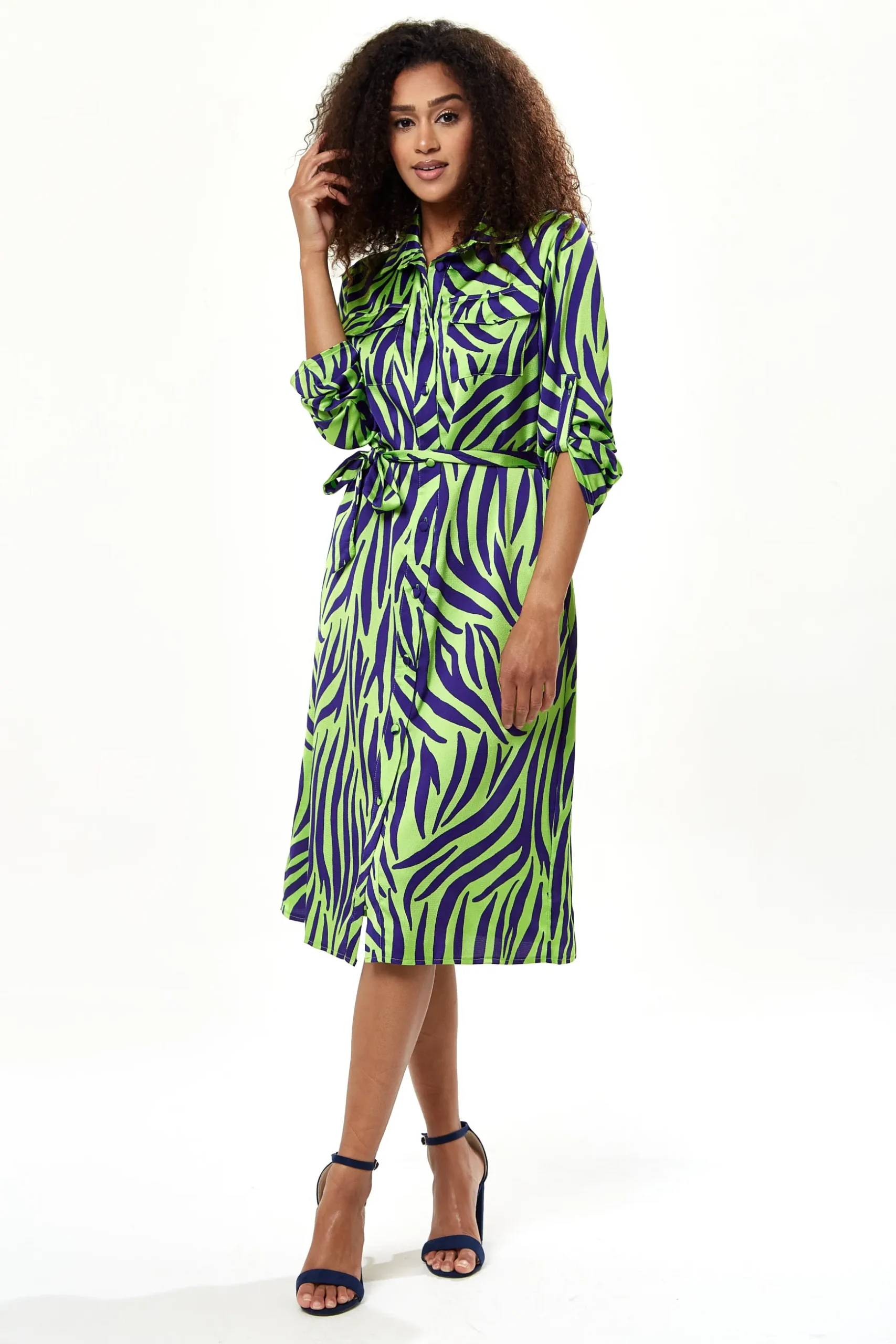 Women's Midi Dress in Mint and Blue Zebra Print with Long Sleeves - Stylish Elegance by Liquorish