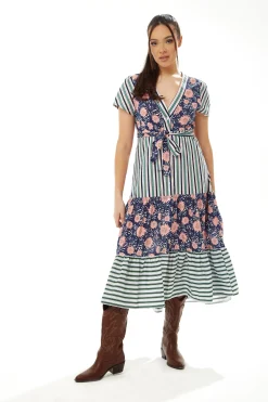 Women’s Midi Dress in Mixed Stripe & Floral Print with Short Sleeves - Liquorish