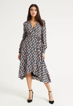 Women's Midi Dress in Multicolour with Full-Length Sleeves - Elegant Floral Foliage Design by Liquorish