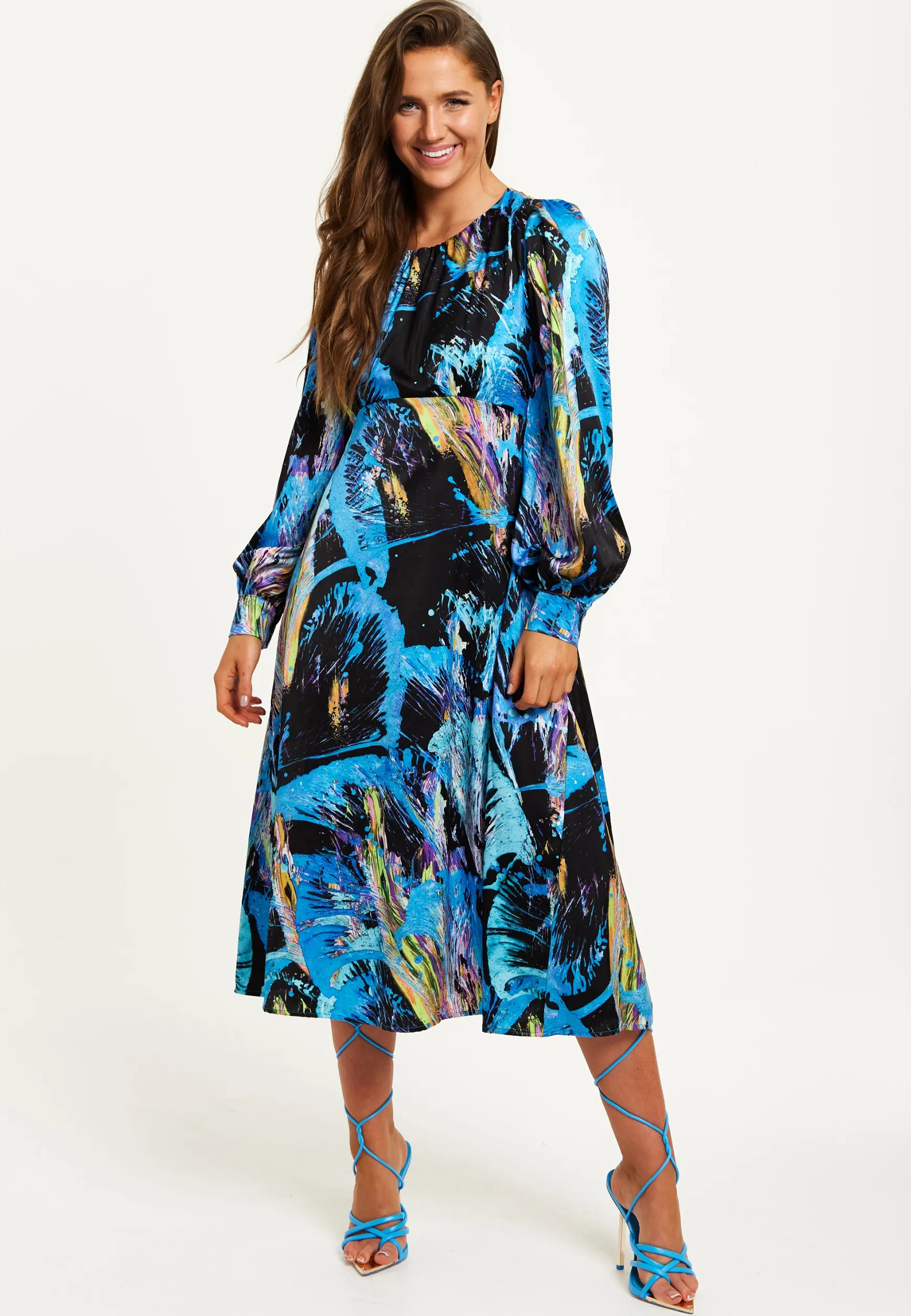 Women's Midi Dress in Multicolour Abstract Print with Long Sleeves and Tie Waist - Liquorish