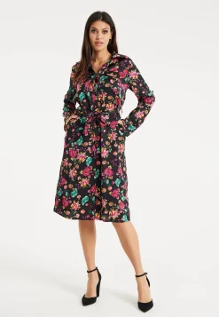 Women’s Midi Dress in Multicolour Floral Print with Black Accents, Long Sleeve, Waist Tie Detail, and Button Front Closure