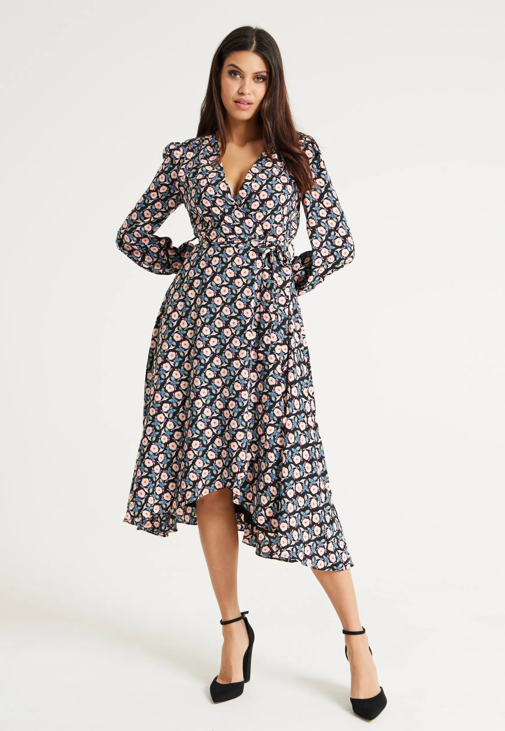 Women's Midi Dress in Multicolour with Full-Length Sleeves - Elegant Floral Foliage Design by Liquorish
