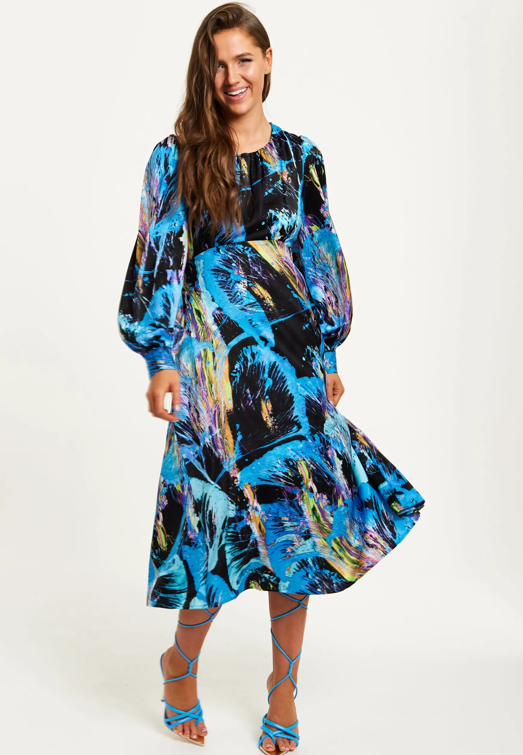 Women's Midi Dress in Multicolour Abstract Print with Long Sleeves and Tie Waist - Liquorish