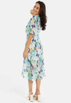 Women's Midi Dress in Multicolour with Short Sleeves and Abstract Print - Liquorish
