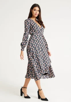 Women's Midi Dress in Multicolour with Full-Length Sleeves - Elegant Floral Foliage Design by Liquorish