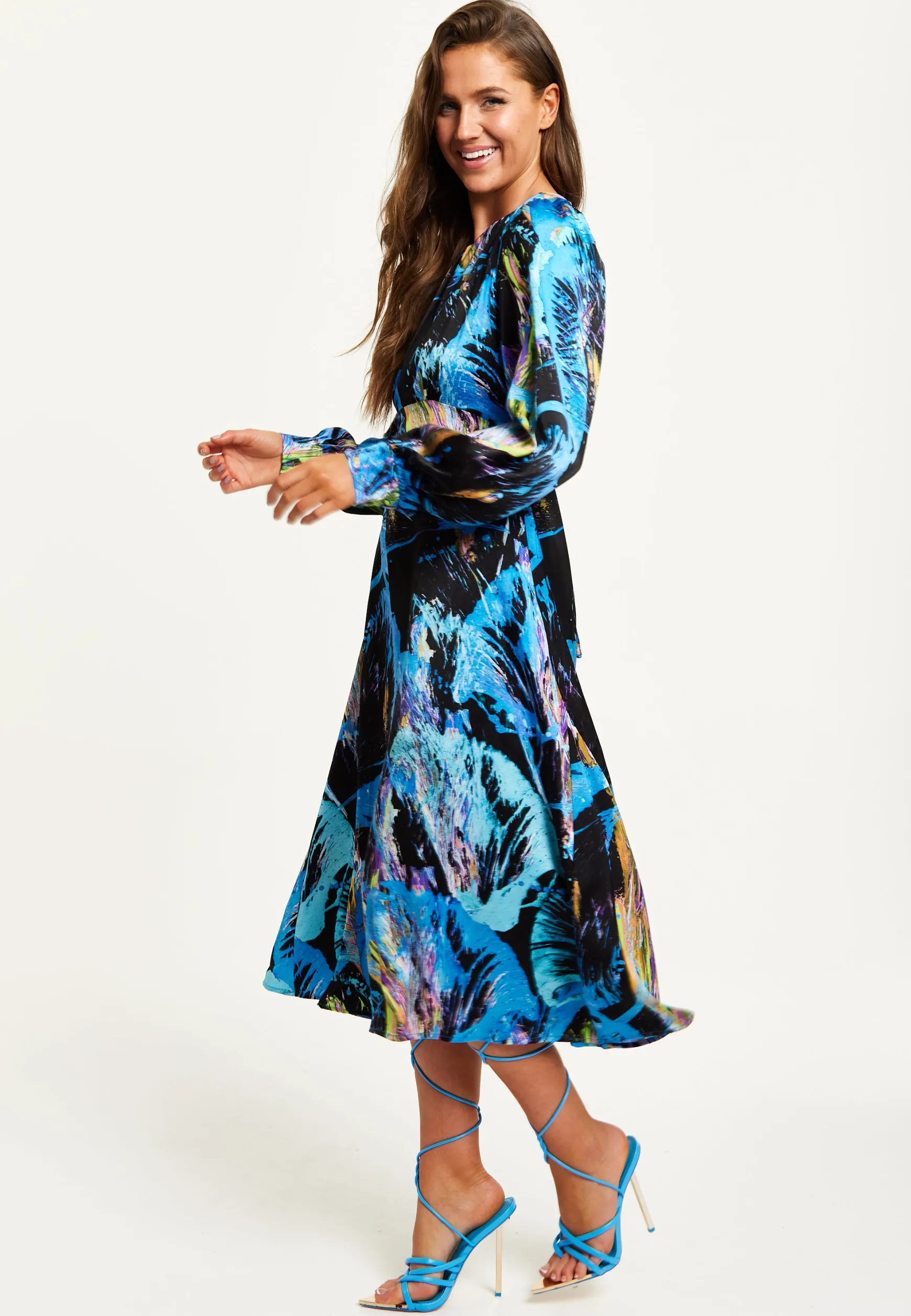 Women's Midi Dress in Multicolour Abstract Print with Long Sleeves and Tie Waist - Liquorish