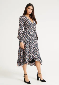 Women's Midi Dress in Multicolour with Full-Length Sleeves - Elegant Floral Foliage Design by Liquorish