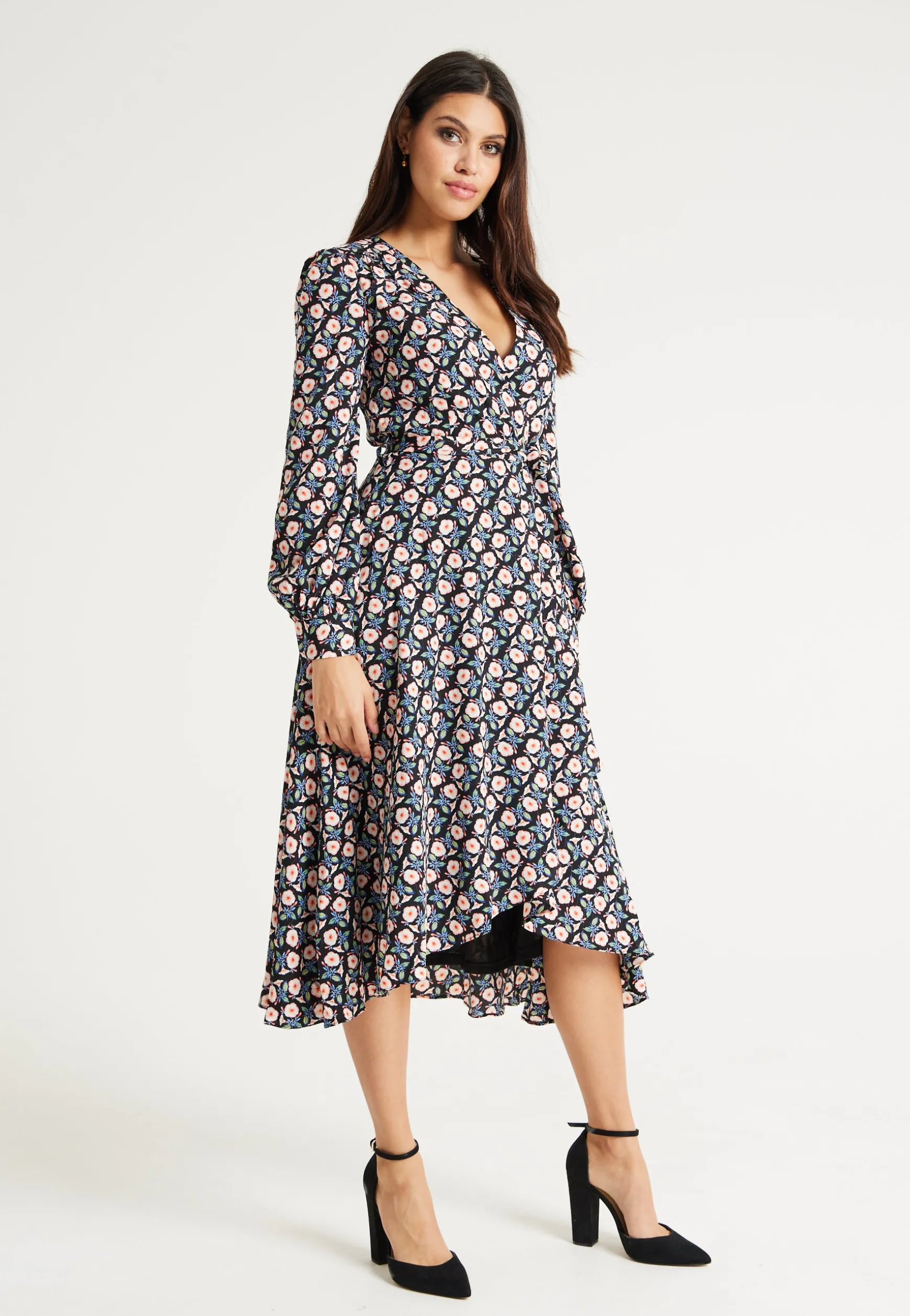 Women's Midi Dress in Multicolour with Full-Length Sleeves - Elegant Floral Foliage Design by Liquorish