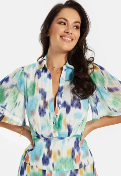 Women's Midi Dress in Multicolour with Short Sleeves and Abstract Print - Liquorish