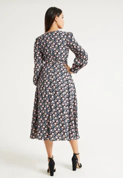 Women's Midi Dress in Multicolour with Full-Length Sleeves - Elegant Floral Foliage Design by Liquorish