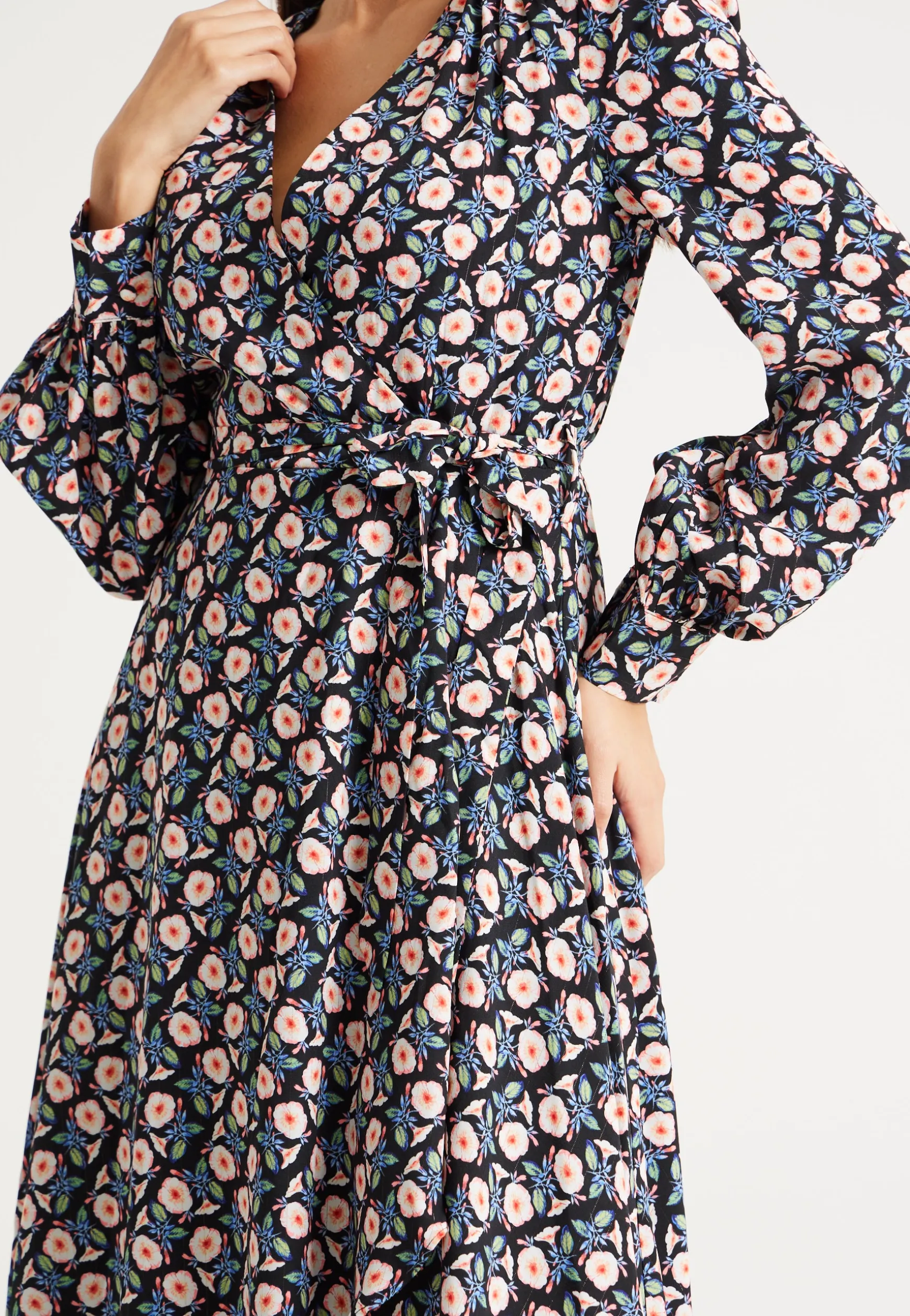 Women's Midi Dress in Multicolour with Full-Length Sleeves - Elegant Floral Foliage Design by Liquorish
