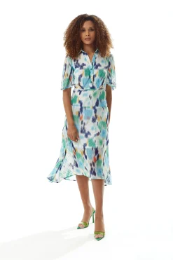 Women's Midi Dress in Multicolour with Short Sleeves and Abstract Print - Liquorish