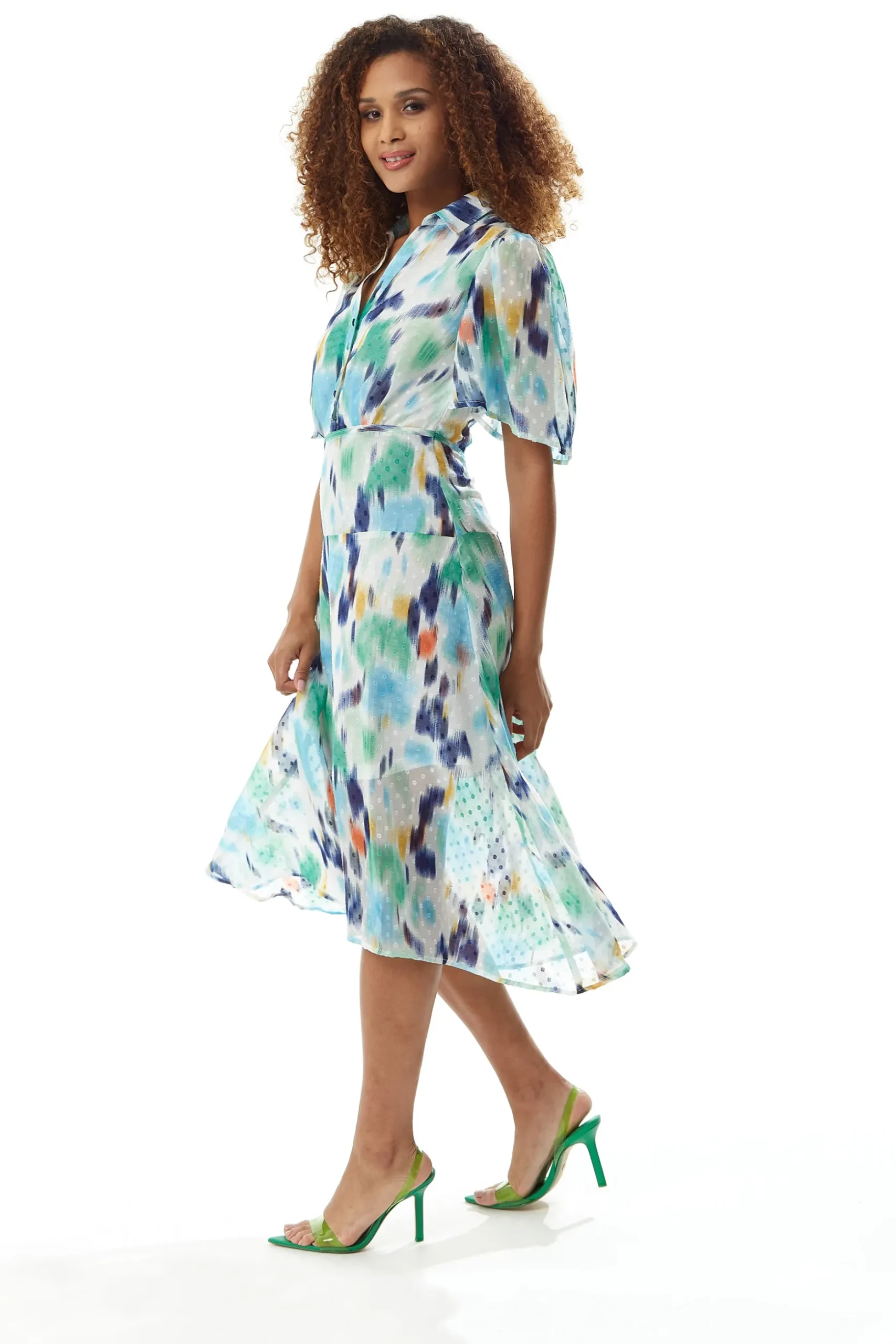 Women's Midi Dress in Multicolour with Short Sleeves and Abstract Print - Liquorish