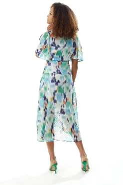 Women's Midi Dress in Multicolour with Short Sleeves and Abstract Print - Liquorish