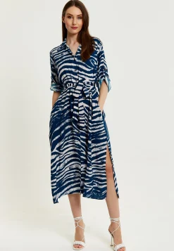 Women's Midi Dress in Navy with Long Sleeves and Zebra Print, Button-Up Front, Tie Waist - Liquorish