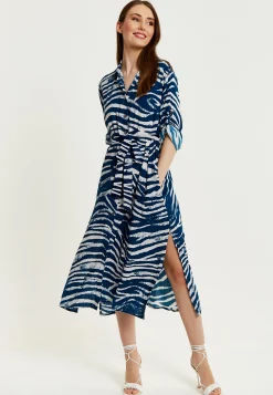 Women's Midi Dress in Navy with Long Sleeves and Zebra Print, Button-Up Front, Tie Waist - Liquorish