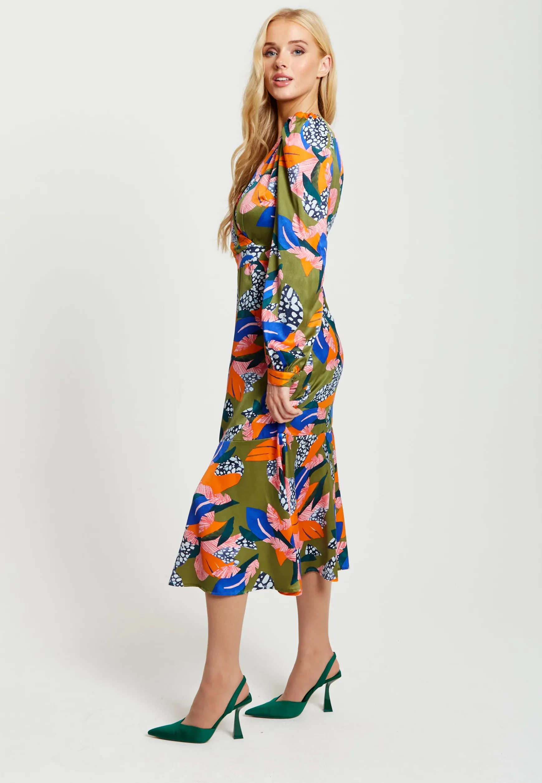 Women's Midi Dress in Olive with Long Balloon Sleeves - Elegant Abstract Leaf Print by Liquorish