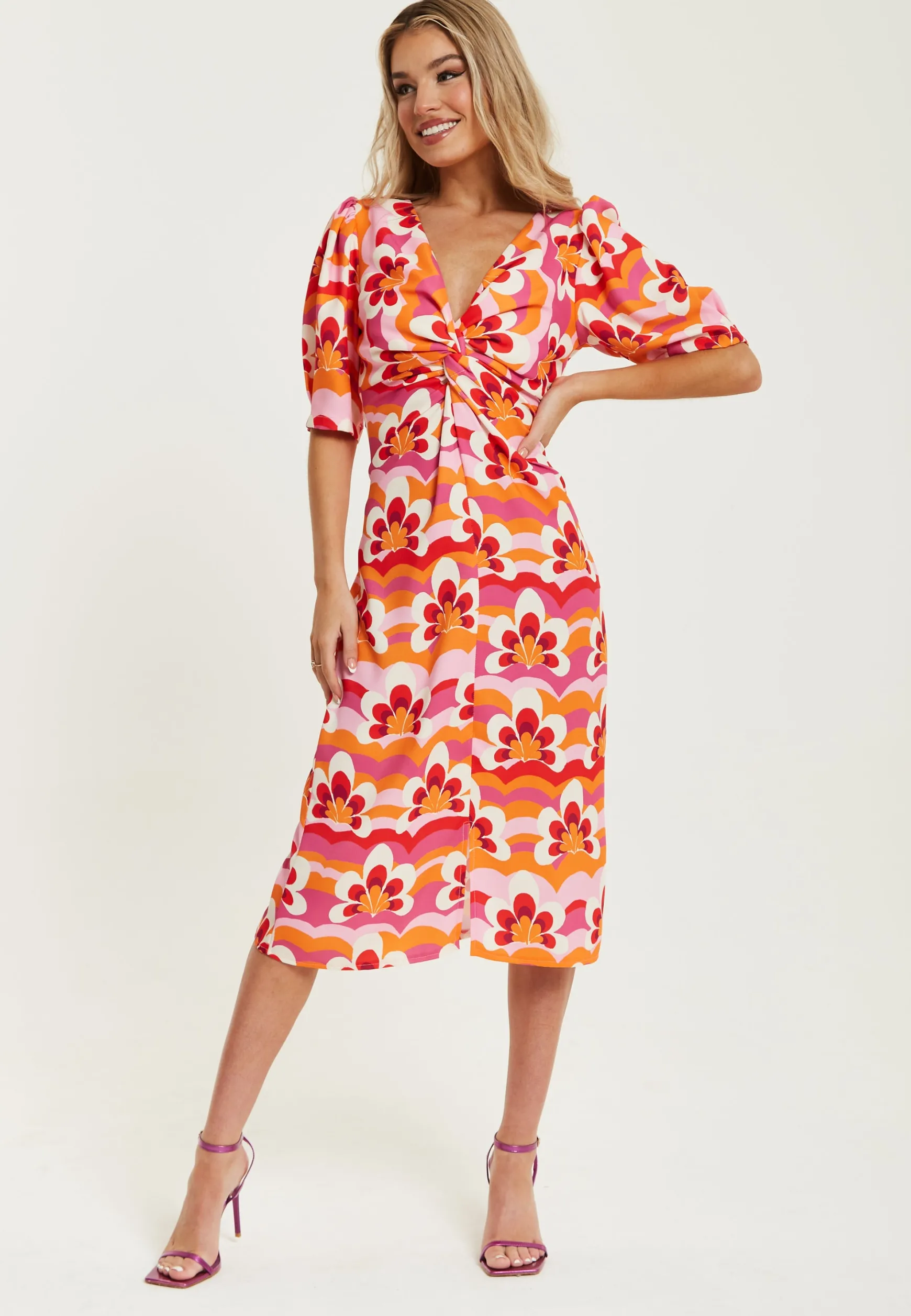 Women's Midi Dress in Orange and Pink with Knot Front, V Neck, Short Sleeves, and Front Slit - Liquorish