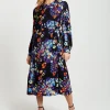 Women's Midi Dress in Orange and Blue with Long Balloon Sleeves - Liquorish